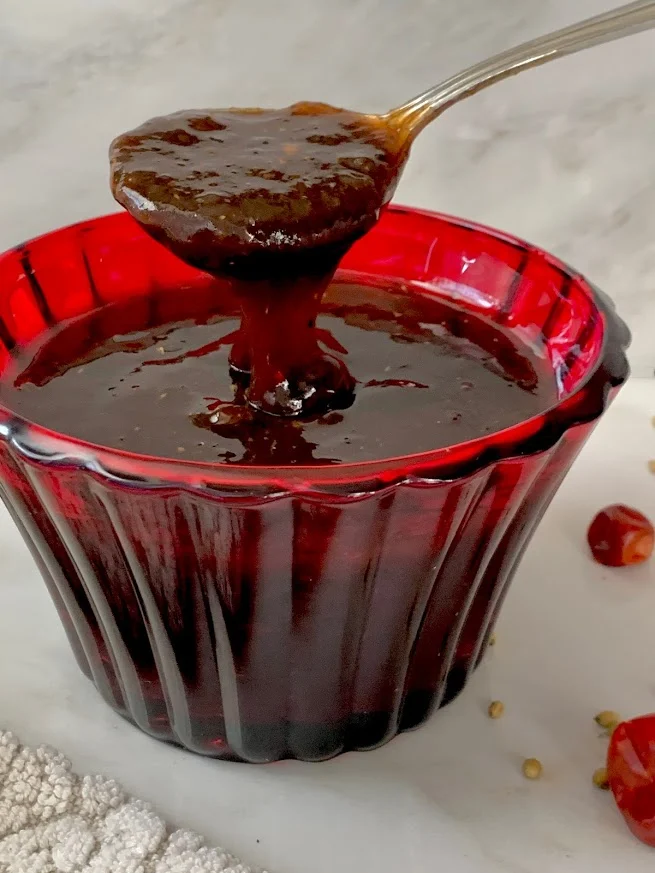 Sweet and tangy imli chutney made with tamarind pulp and spices