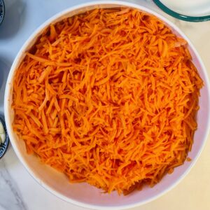 Fresh shredded carrots used for making Gajar Ka Halwa